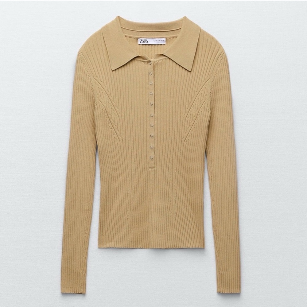 ZARA Ribbed Knit Polo Camel Size Small - Picture 6 of 12